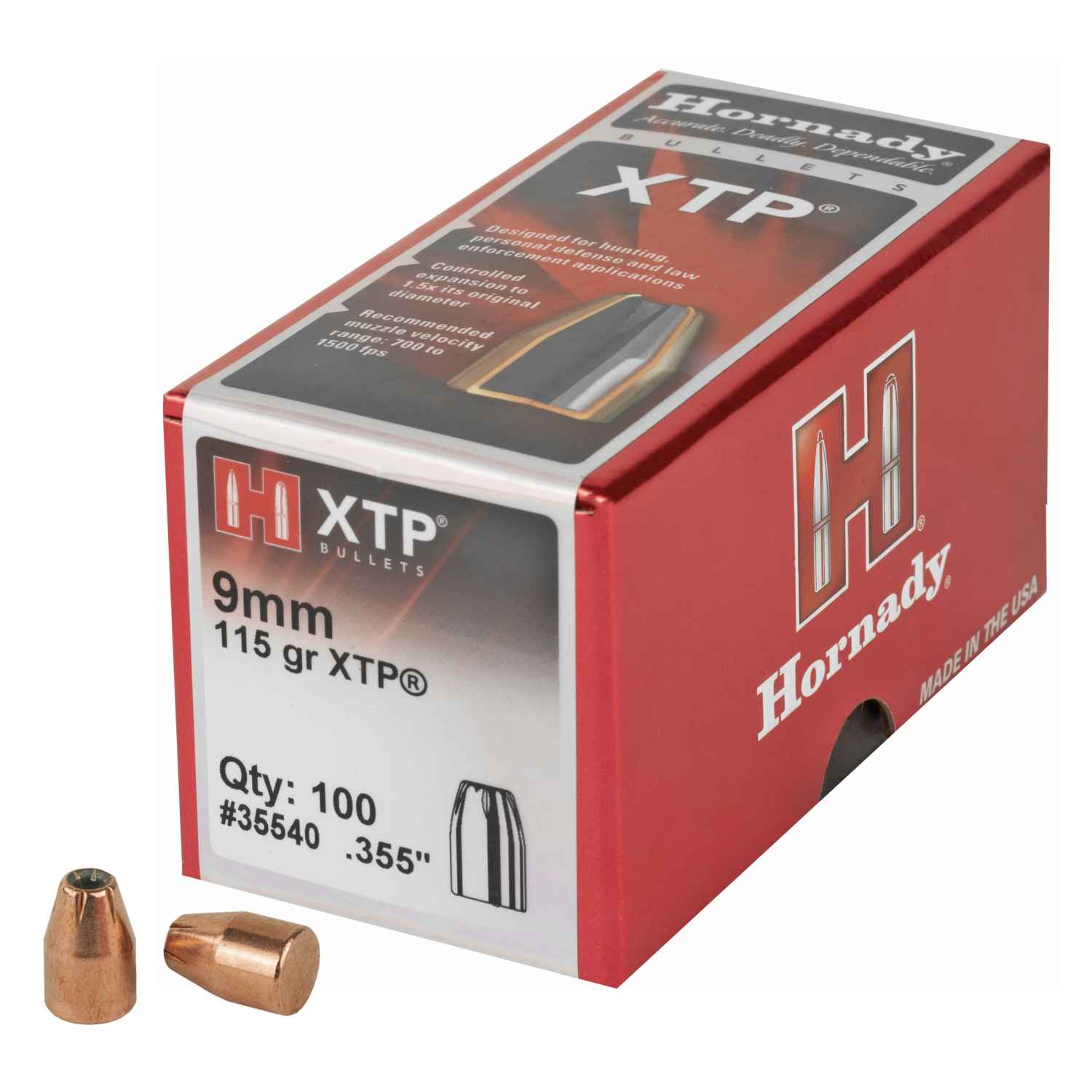 HORNADY XTP, .355 DIAMETER, 9MM, 115 GRAIN, HOLLOW POINT, 100 COUNT