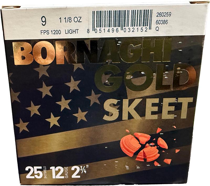 Bornaghi Gold Light Target Loads T1GOLDLIGHT329, 12 Gauge, 2-3/4", 1 1/8 oz, 1200 fps, #9 Shot, 25 Rd/bx