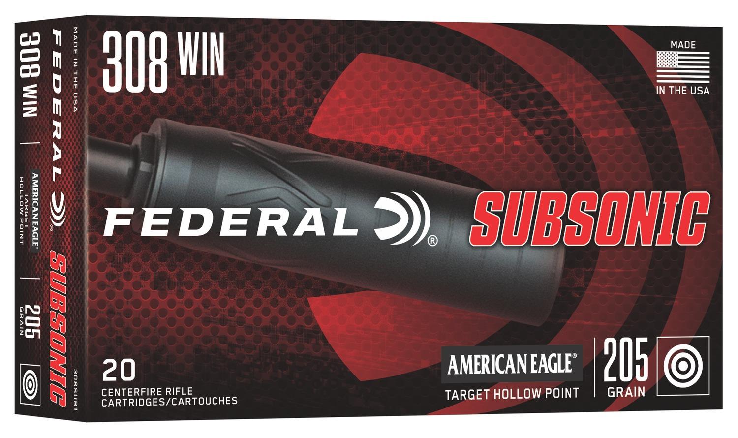 Federal American Eagle Subsonic Rifle Ammunition 308SUB1, 308 Winchester, Target Hollow Point, 205 GR, 1000 fps, 20 Rd/bx