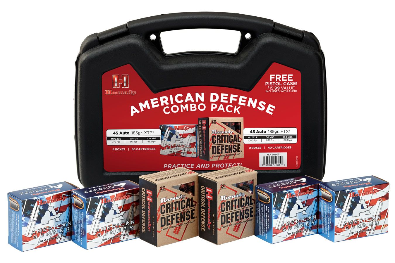 Hornady American Defense Combo Pack Pistol Ammunition 90903, 45 Automatic Colt Pistol (ACP), XTP/FTX, 185 GR, 120 Rd/bx