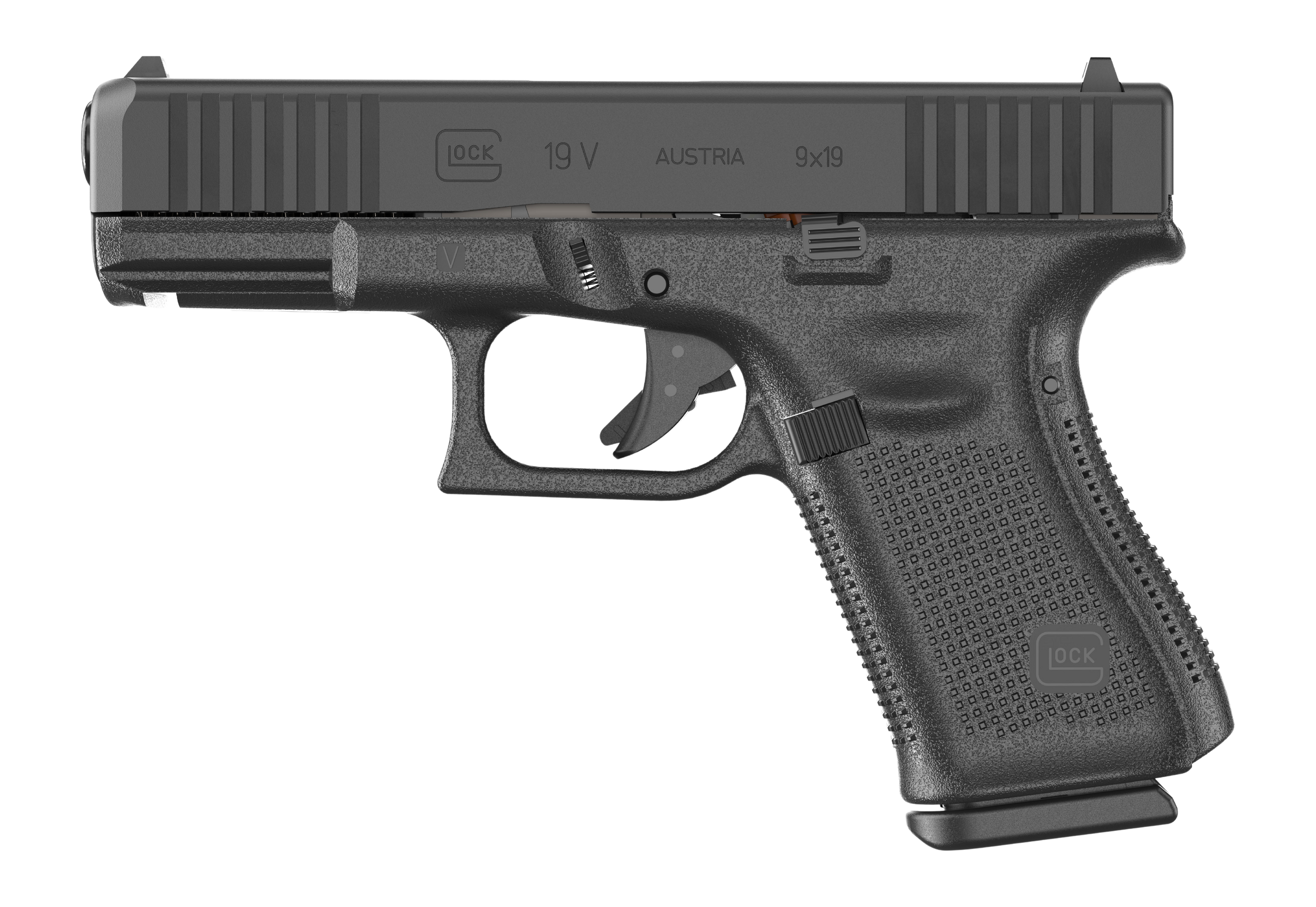 Glock G19 V Pistol UV1950201, 9mm, 4.02in, Black Textured Polymer Grips, Black Finish, 10 Rds