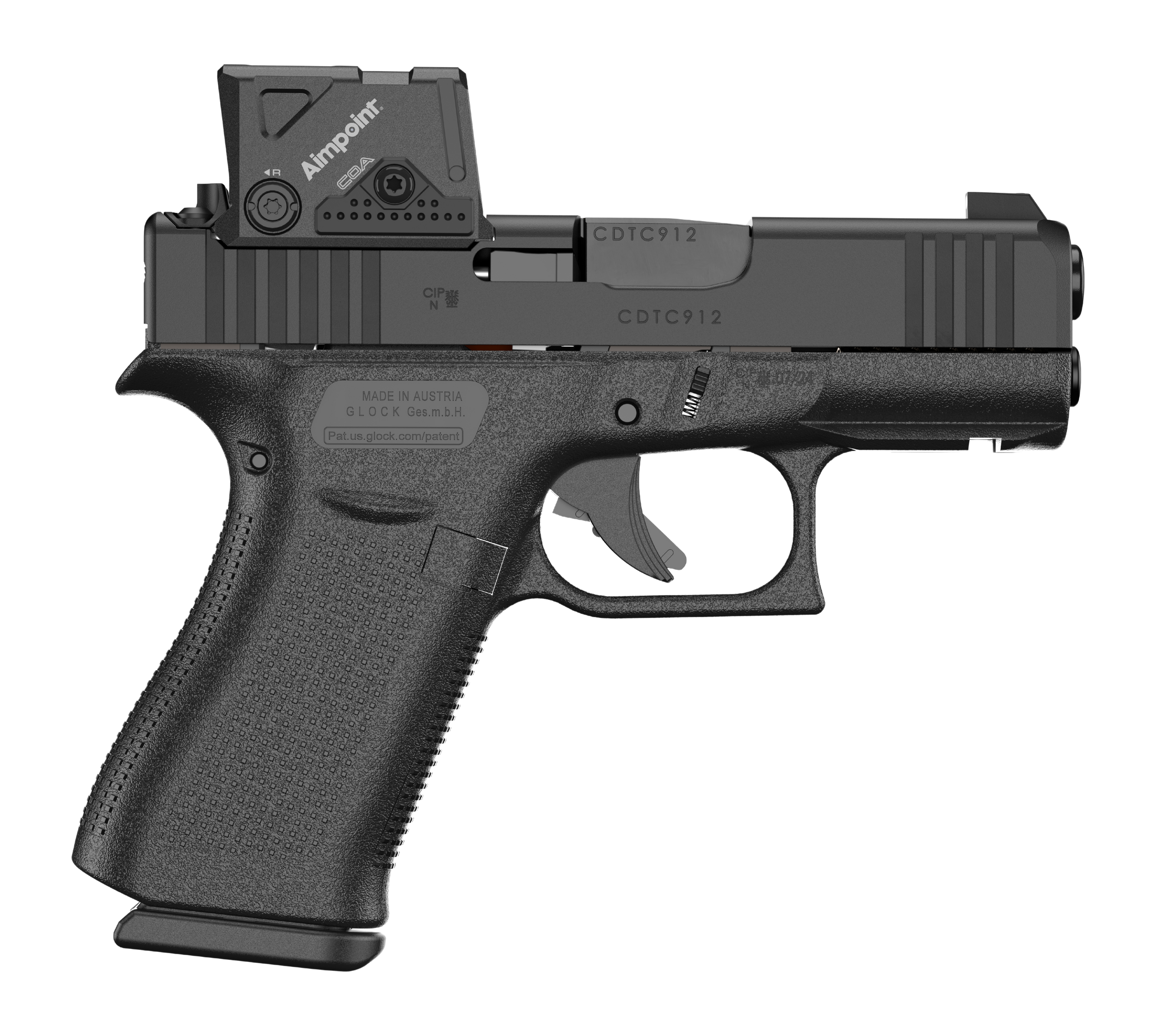 Glock 43X MOS Pistol PX4350B03FRMOS8A4 , 9mm, 3.41", Textured Beavertail Grips, Black Finish, w/Aimpoint COA, 15 Rds
