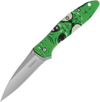 Kershaw 1660ALIEN "Alien" Leek Assisted Liner Lock Flipper Knife - 3" 14C28N Stonewashed Plain Blade, Alien Graphic Aluminum Handles