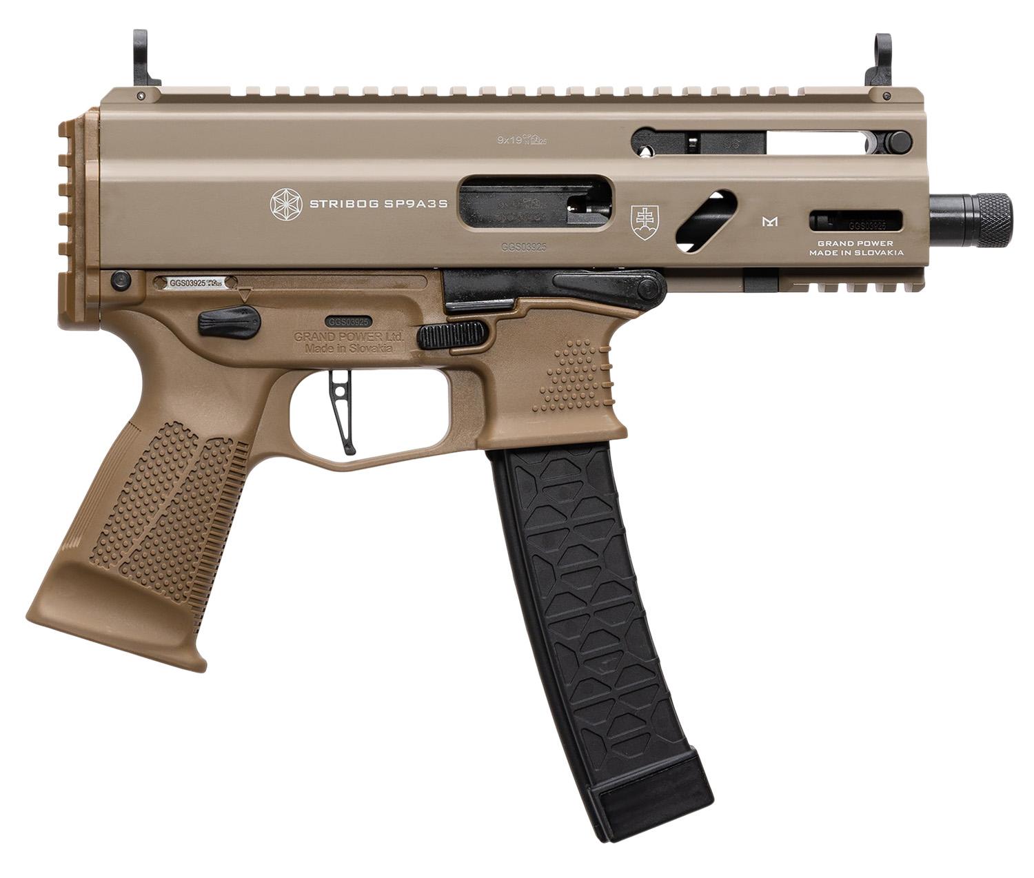 Grand Power SP9A3S Stribog Pistol 197892004787 , 9mm Luger, 5.5", FDE Finish, Threaded Barrel, Ambidextrous, 30 Rds