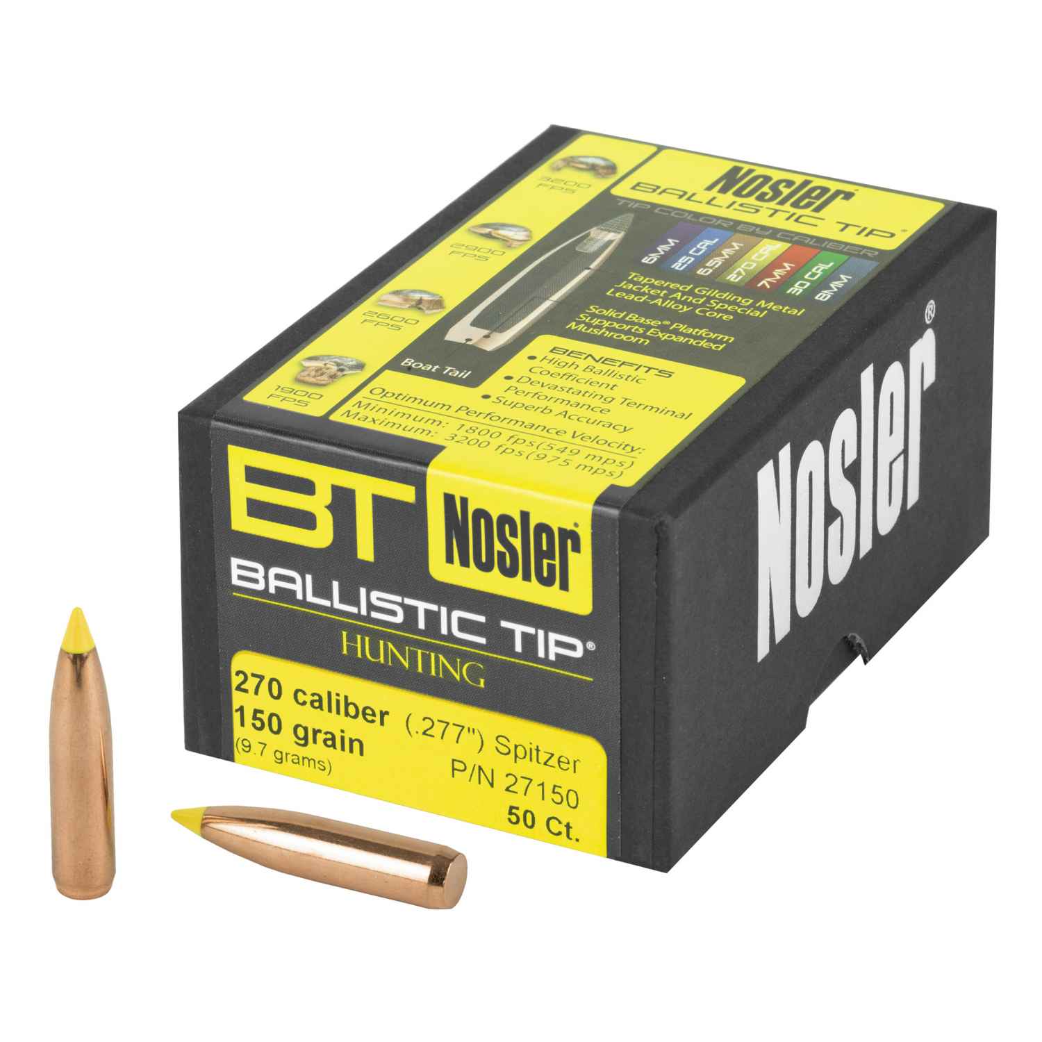 NOSLER BALLISTIC TIP, .277 DIAMETER, 270 CALIBER, 150 GRAIN, SPITZER BOAT TAIL, 50 COUNT