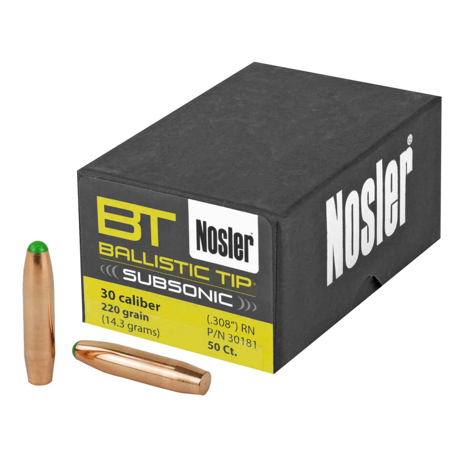 NOSLER BALLISTIC TIP, .308 DIAMETER, 30 CALIBER, 220 GRAIN, SPITZER BOAT TAIL, 50 COUNT