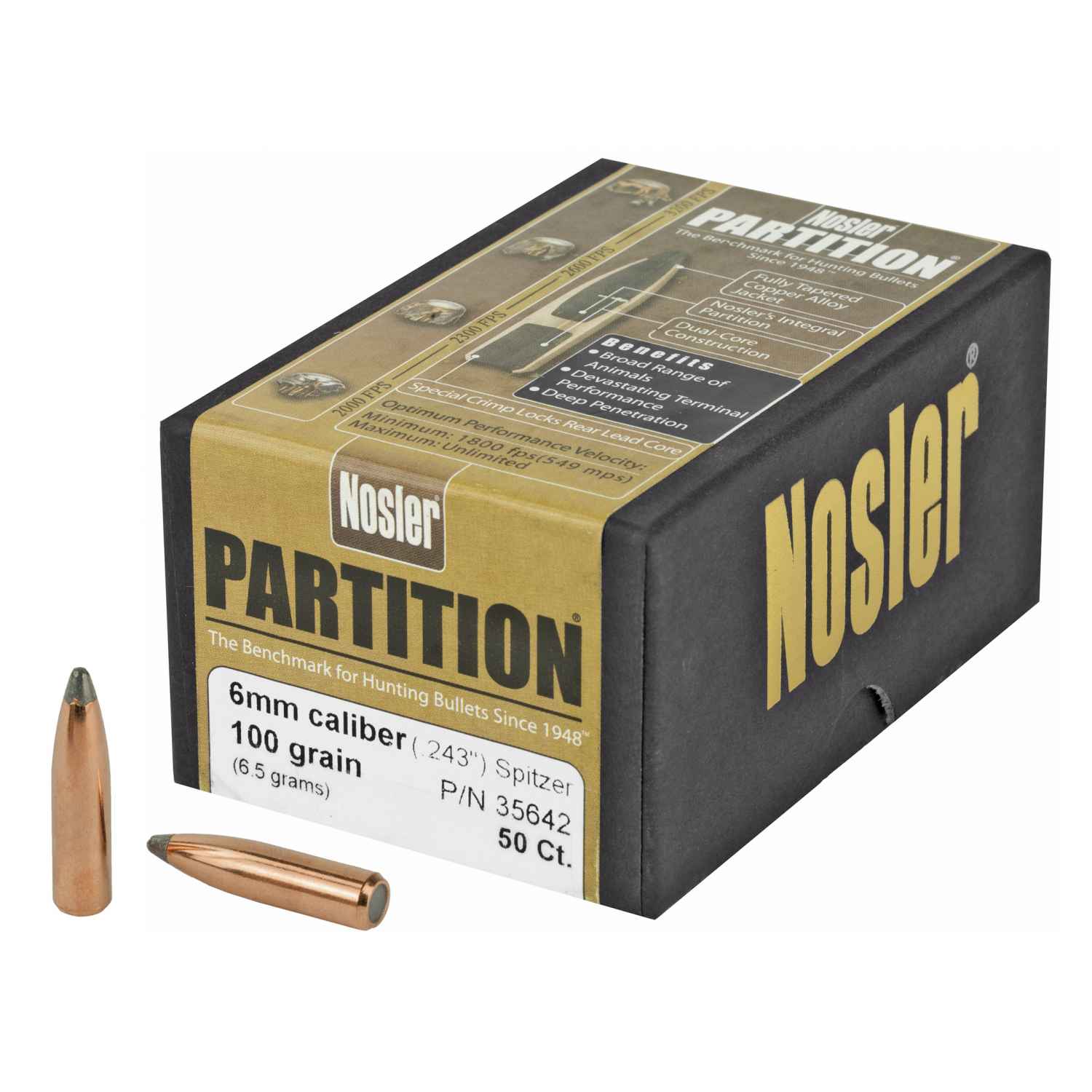 NOSLER PARTITION, .243 DIAMETER, 6MM/243 WINCHESTER, 100 GRAIN, SPITZER, 50 COUNT