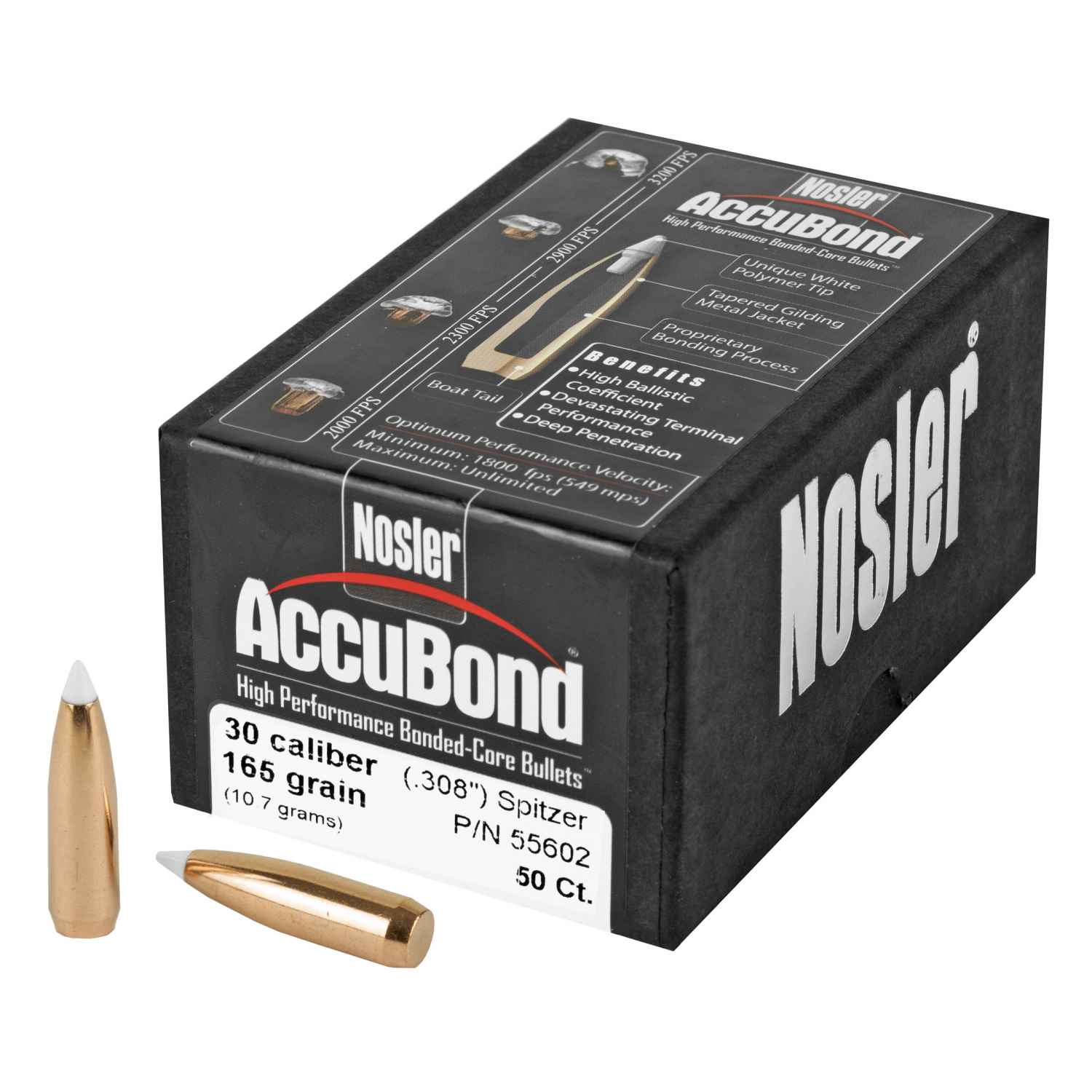 NOSLER ACCUBOND, .308 DIAMETER, 30 CALIBER, 165 GRAIN, SPITZER BOAT TAIL, 50 COUNT