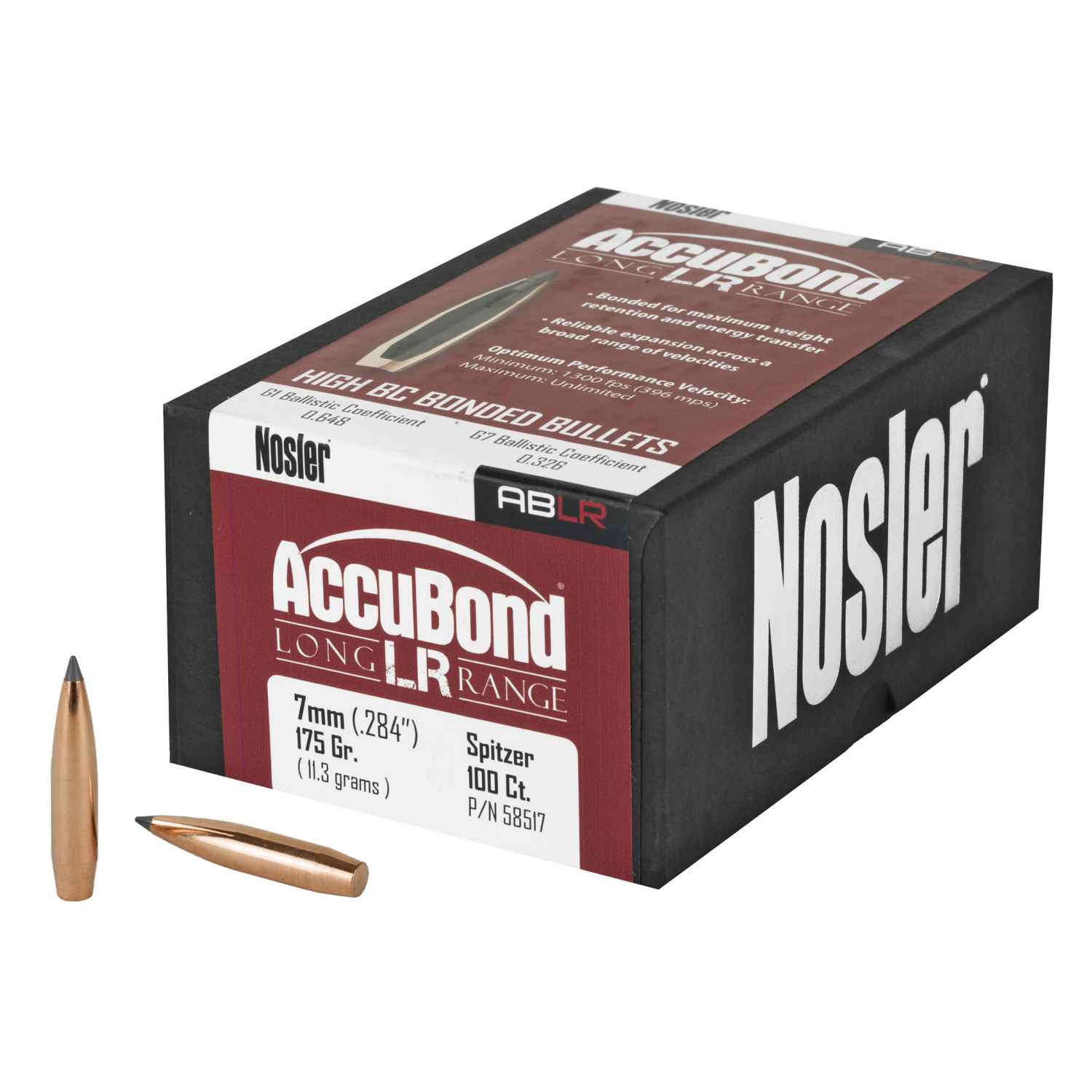 NOSLER ACCUBOND LONG RANGE, .284 DIAMETER, 7MM, 175 GRAIN, SPITZER BOAT TAIL, 100 COUNT