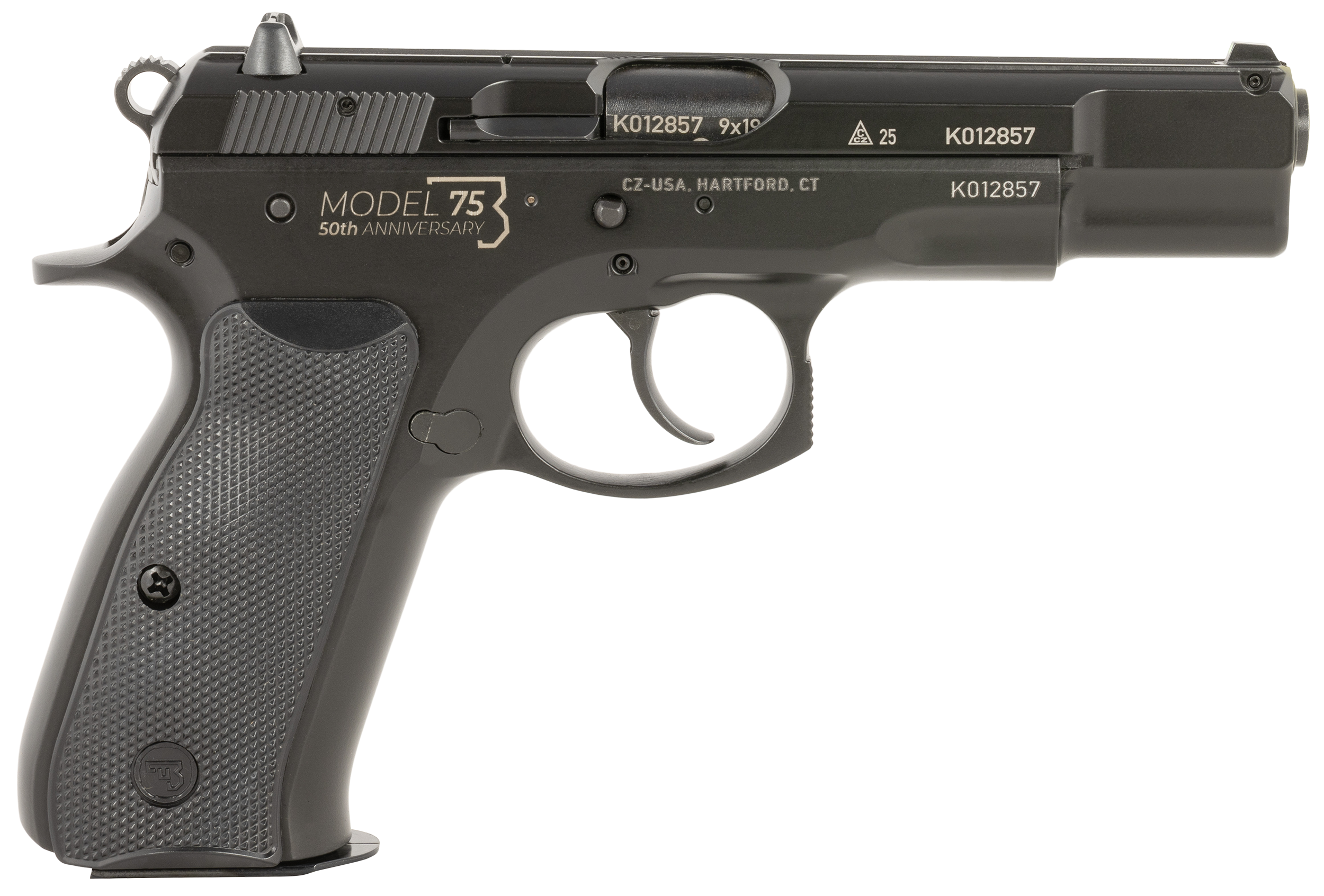 CZ 75 B 50th Anniversary Pistol 91106, 9mm, 4.60in, Black Plastic Grips, Black Polycoat Finish, 16 Rds