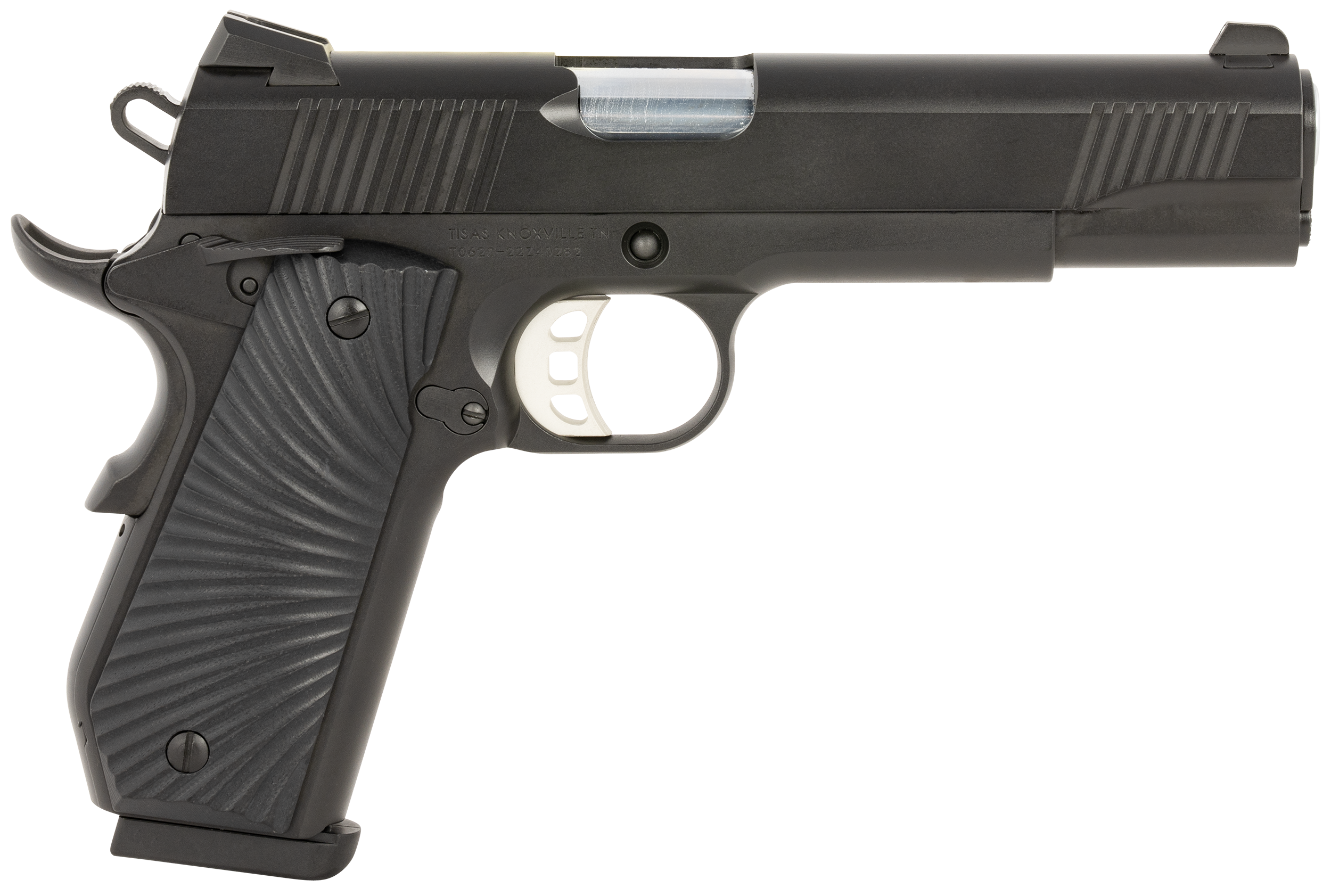 Tisas 1911 Duty Stingray Pistol 10100502, 45 ACP, 5in, Black Cerakote Steel Frame w/Beavertail Black Sunburst G10 Grips, Black Cerakote Finish, 8 Rds
