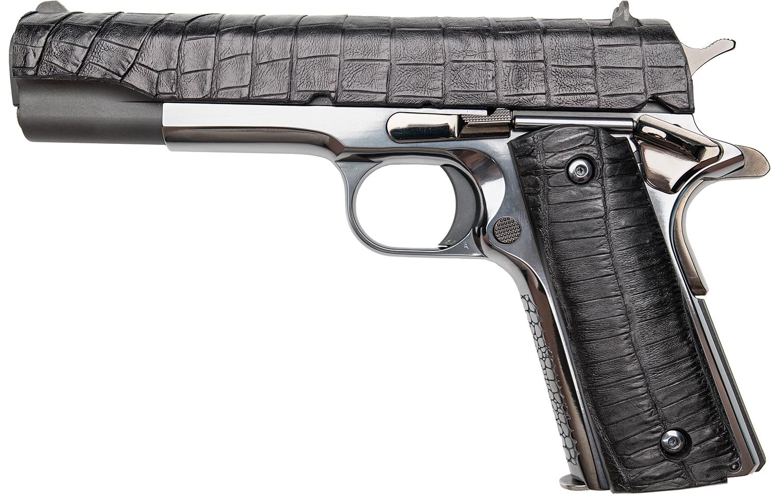 Custom & Collectible Colt Government Gator Pistol CNCGATOR45, 45 ACP, 5in, Black Alligator Leather Grips, Black DLC Finish, 7 Rds