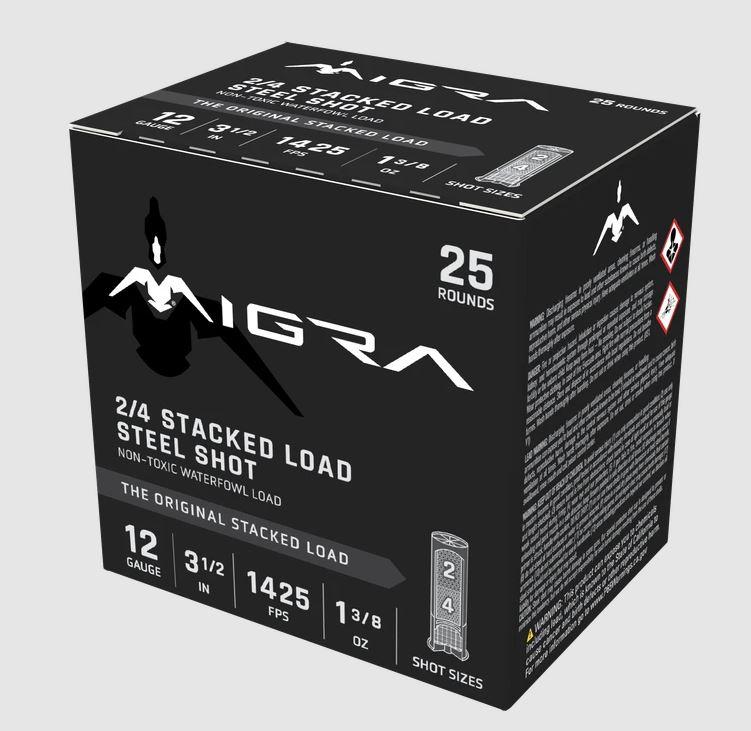 Migra Steel Waterfowl Shotshells M12LSS24, 12 Gauge, 3 1/2", 1 3/8oz, #2/4 Shot, 1425 fps, 25 Rds/Bx