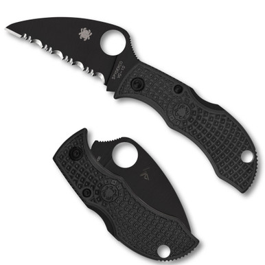 Spyderco Manbug Folding Knife - 1.97" VG10 Black TiCN Wharncliffe Serrated Blade, Black FRN Handles, Lockback - MBKWSBK
