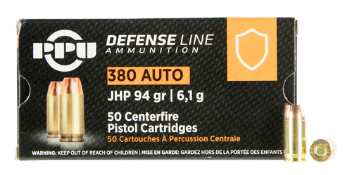 PPU Handgun Defense .380 ACP, 94gr, Jacketed Hollow Point, 50rd Box