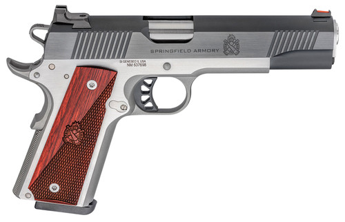Springfield Ronin, 1911, SAO 45 ACP, 5" Match Grade Barrel,, Blued Slide, Stainless Frame, Wood Grips, Fiber Optic Front Sight, Tactical Rack White Dot Rear Sight, Manual Safety, 8rd, 1 mags