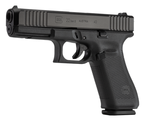 Glock 22 Gen5, Striker Fired 40S&W, 4.49" Marksman Barrel, Polymer Frame, Matte Finish, Fixed Sights, 15Rd, 3 Magazines, Ambidextrous Slide Stop Lever, Flared Mag Well, nDLC Finished Slide and Barrel, No Finger Grooves