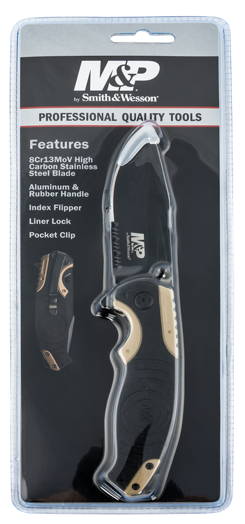 Smith & Wesson M&P Knife 3.50" Folding Drop Point Partially Serrated Stonewash 8Cr13MoV SS Blade Black/Tan Aluminum Handle