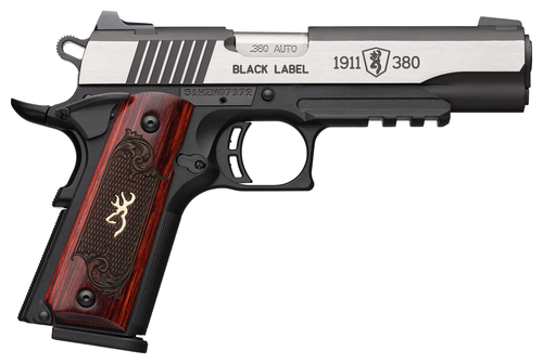 Browning, 1911-380, Black Label Medallion Pro, 380 ACP, 4.25" Barrel, Black and Silver Two-Tone Color, Matte Finish, Composite Frame, Ambi Safety, Laminate Grips, White 3 Dot Sights, 8rd Mags