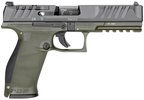 Walther PDP 9mm, 4.5" Barrel, Black Slide/Green Frame, Adjustable Rear Sight, Optics Ready, 18rd