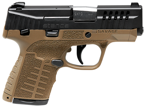 Savage Stance 9mm, 3.2" Barrel Flat Dark Earth, Black Nitride Stainless Steel Ported Slide, Textured Interchangeable Backstrap Grip, TruGlo Night Sights & Manual Safety, 7rd