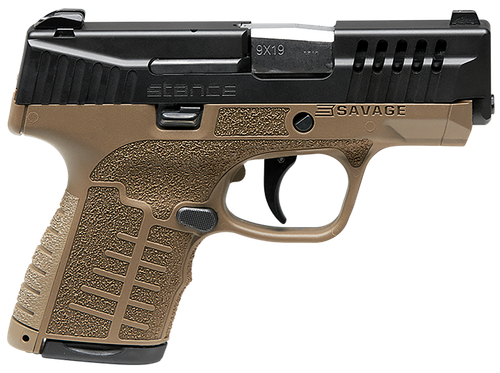 Savage Stance 9mm, 3.2" Barrel, Flat Dark Earth Frame, Black Slide, Night Sights, No Manual Safety, 10rd