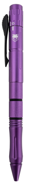 CobraTec Knives Pen Knife OTF Drop Point Plain Stainless Steel Blade Purple Aluminum Handle Features Black Ink Pen