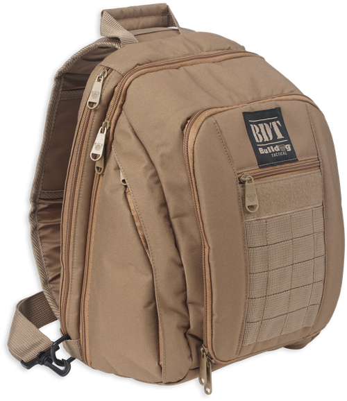 Bulldog BDT Tactical Sling Pack Small Style made of Nylon with Tan Finish, Padded Compartments, Conceal Carry Pockets & Includes Universal Holster 14" H x 10" W x 7" D