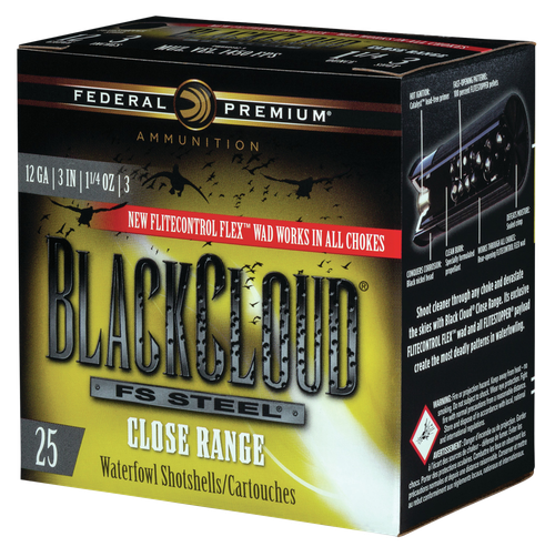 Federal Black Cloud F S Steel Close Range 12 Ga, 3", 1 1/4oz, 3 Shot, 25rd Box