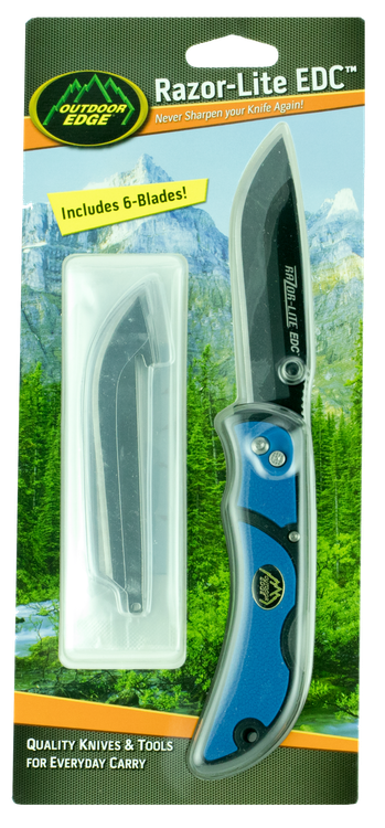 Outdoor Edge Razor-Lite EDC 3.50" Folding Drop Point Tanto Plain Edge, Black Stainless Steel, Blue Handle