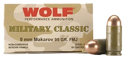 Wolf Military Classic 9x18mm Makarov 95gr, Full Metal Jacket, 50rd Box