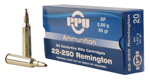 PPU Standard Rifle 22-250 Remington 55gr, Soft Point, 20rd Box