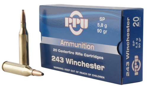 PPU Standard Rifle 243 Winchester 90gr, Soft Point, 20rd Box