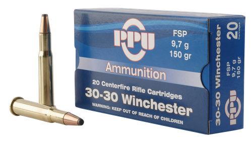 PPU Standard Rifle Ammo 30-30 Win 150gr, 2390 fps Flat Soft Point (FSP) 20rd Box