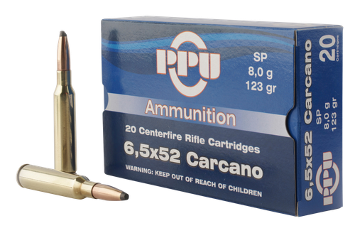 PPU Metric Rifle SP 6.5x52mm Carcano 123gr, Soft Point, 20rd Box