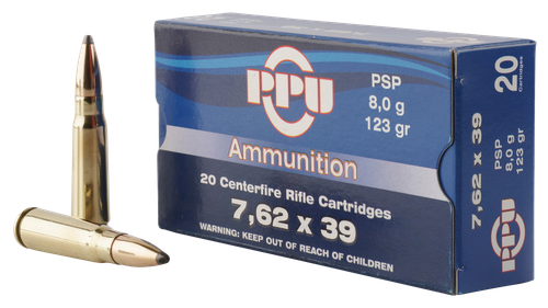 PPU Metric Rifle 7.62x39mm 123gr, Pointed Soft Point, 20rd Box