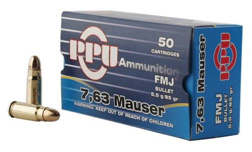PPU Handgun 7.63mm Mauser 85gr, Full Metal Jacket, 50rd Box