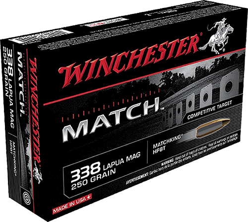Winchester Match 338 Lapua Magnum 250gr, Sierra MatchKing Boat-Tail Hollow Point, 20rd Box
