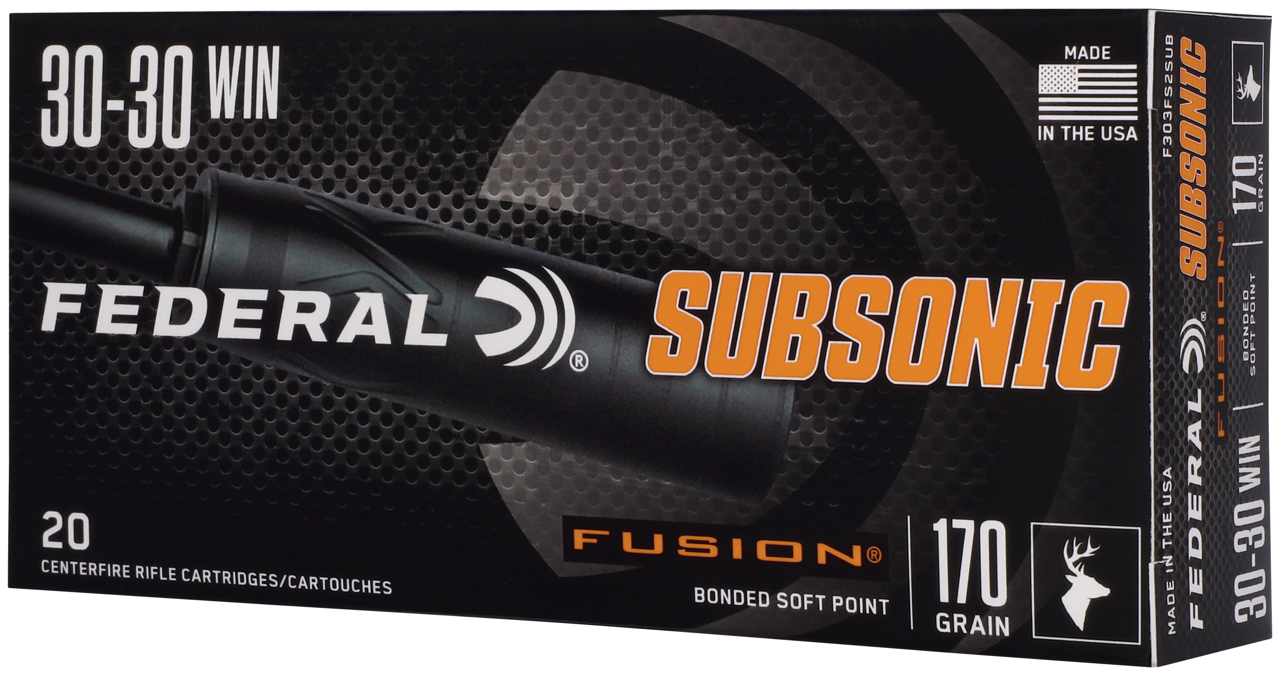 Federal Fusion Subsonic Rifle Ammunition F3030FS2SUB, 30-30 Win, Fusion Soft Point, 170GR, 1000 fps, 20 Rd/bx