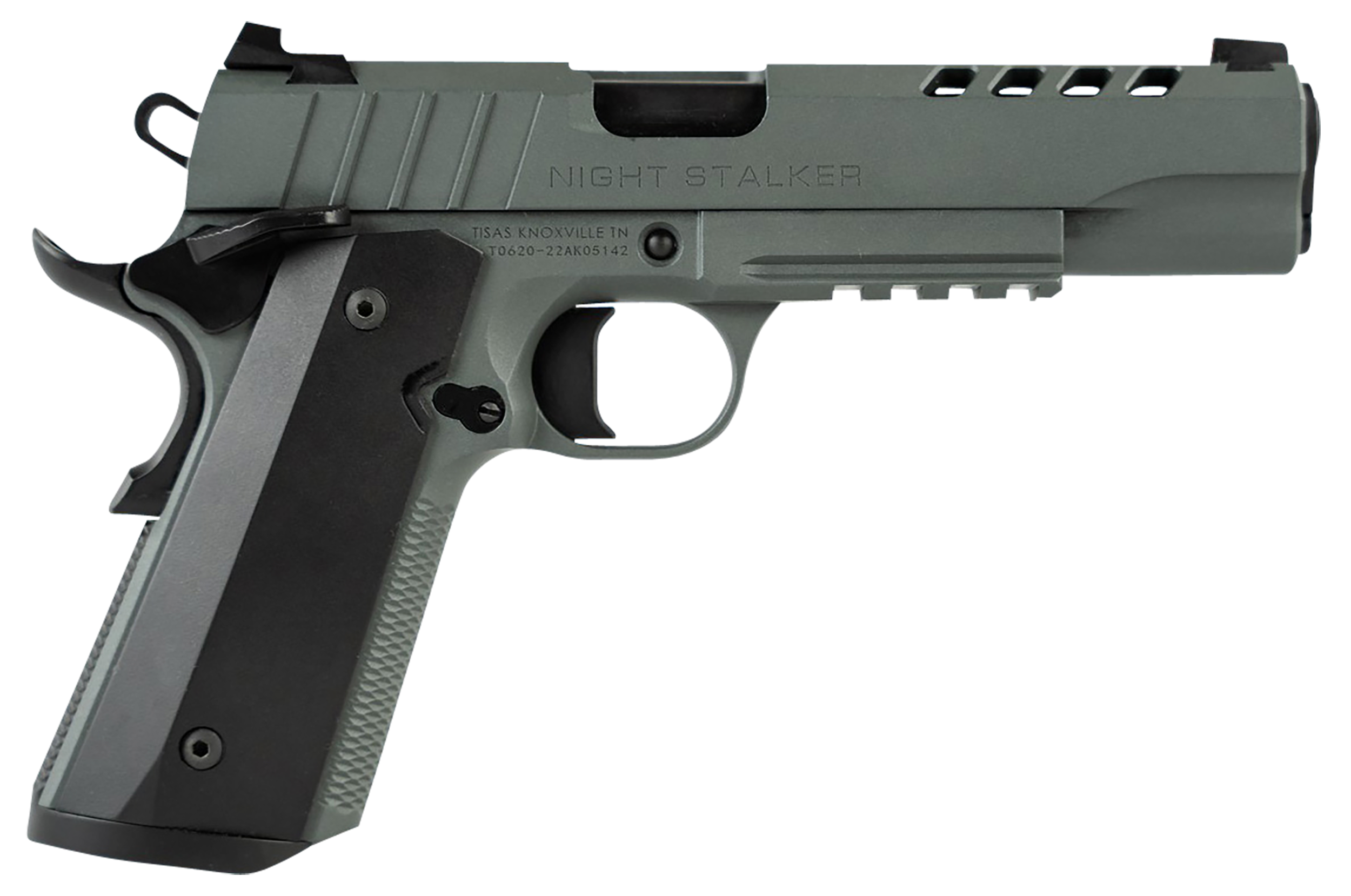 Tisas 1911 Night Stalker Pistol 10100512, 45 ACP, 5in, Black Anodized Aluminum, Platinum Grey Cerakote Finish, 8 Rds