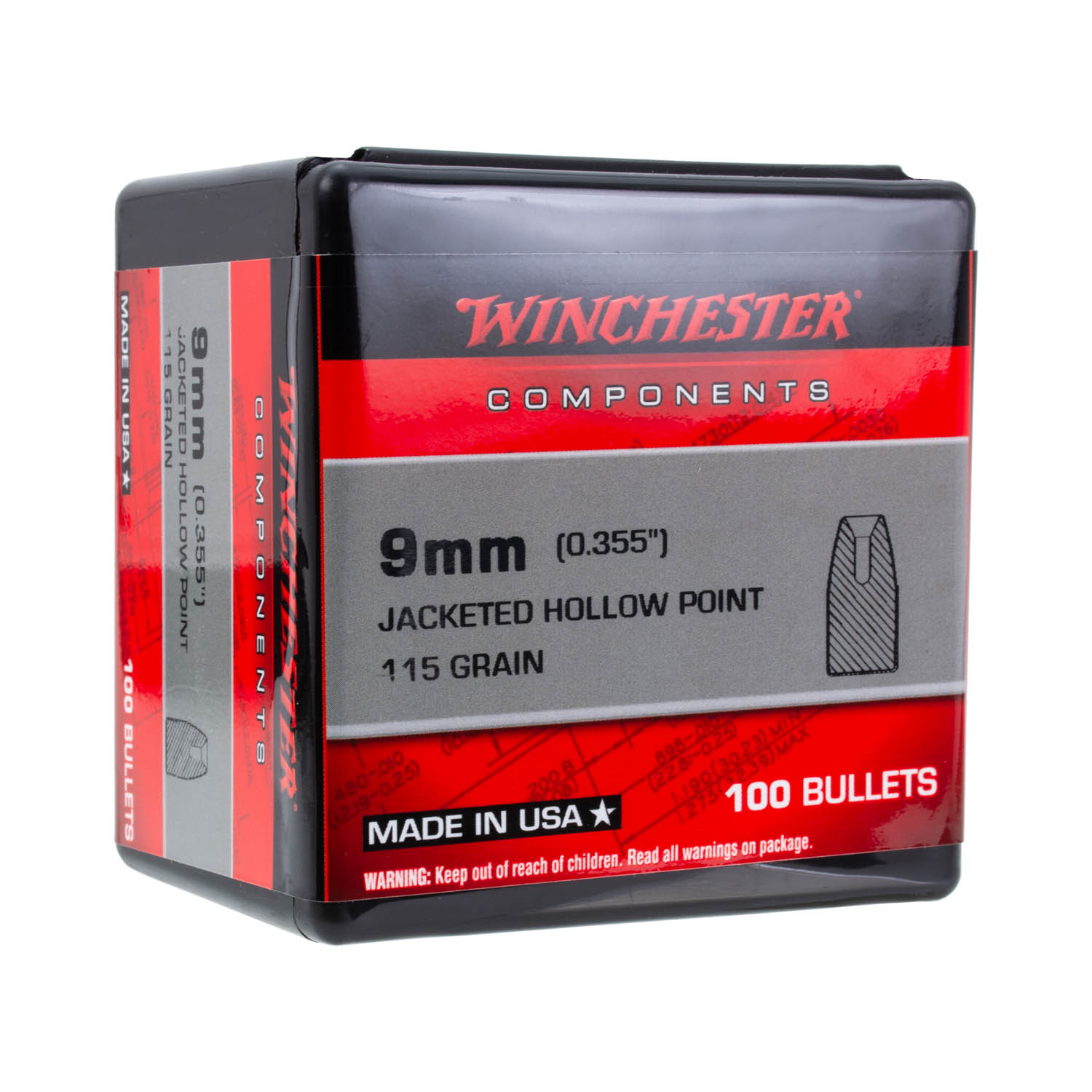 Winchester Pistol Bullets, 9mm 115gr. JHP, Box of 100