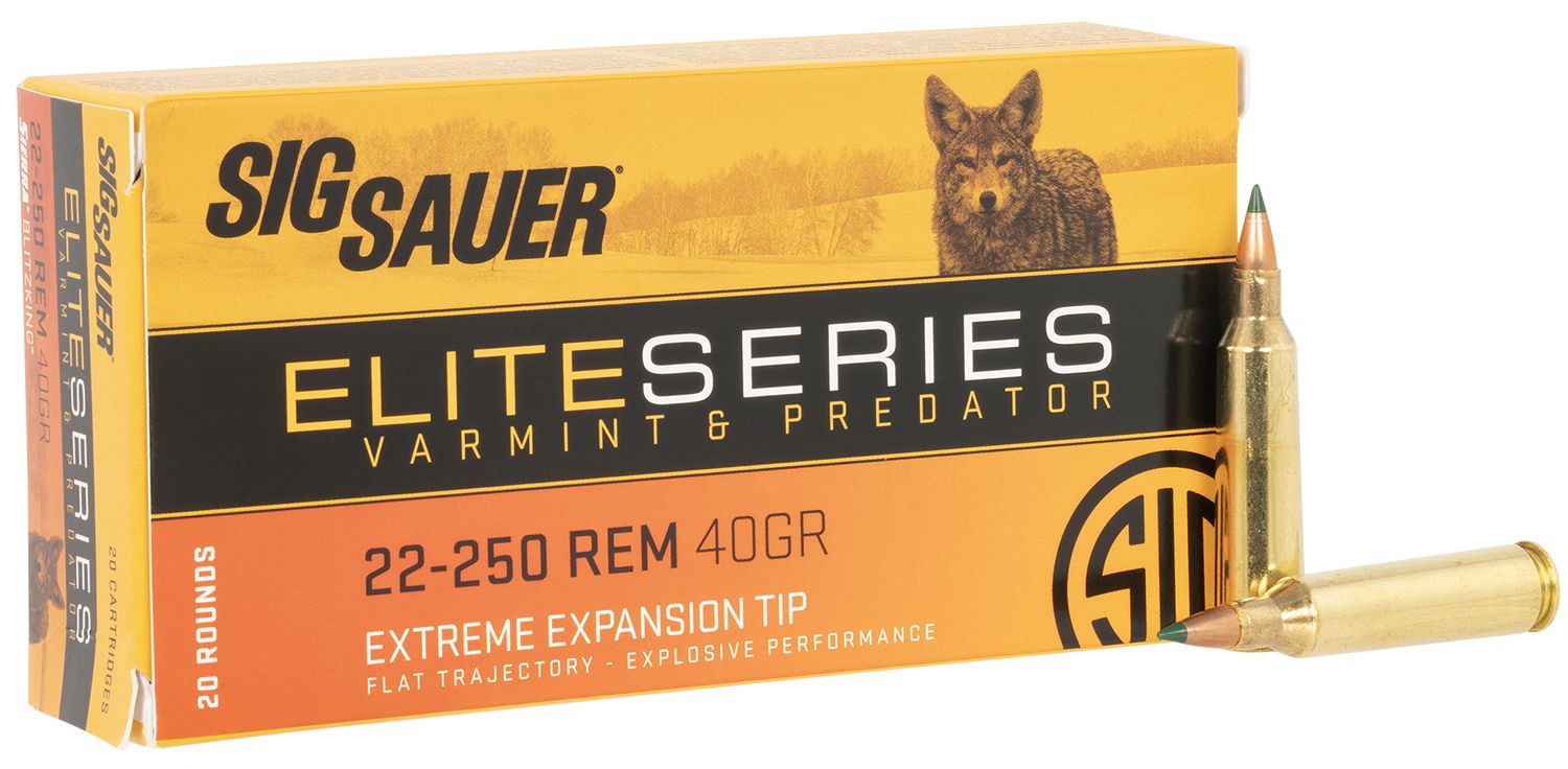 Sigarms Elite Varmint & Predator Rifle Ammunition E225VP4020, 22-250 Rem, Extreme Expansion Tip, 40GR, 20 Rd/bx