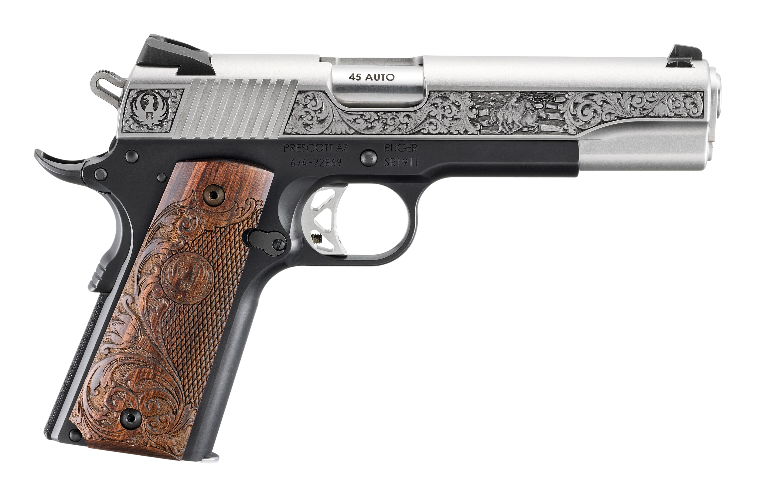 Ruger SR1911 Limited Edition Semi-Auto Pistol 16706, 45 ACP, 5 in, Engraved Wood Grip, Engraved Stainless Finish, 8 Rd