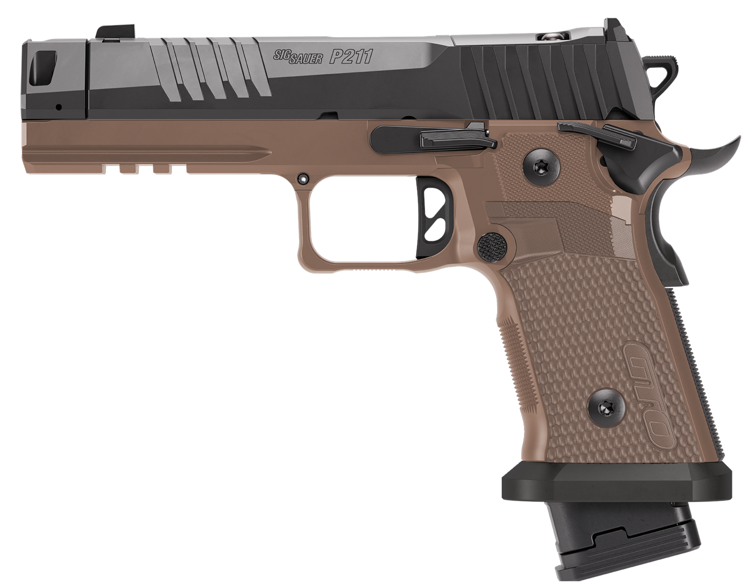 Sig Sauer P211-GTO Combat Pistol 211F-9-GTO-CBT, 9mm, 4.4in Bull Barrel, Aluminum/G-10 Grips, MACH3D Compensator, Coyote Brown Finish, 23 Rds