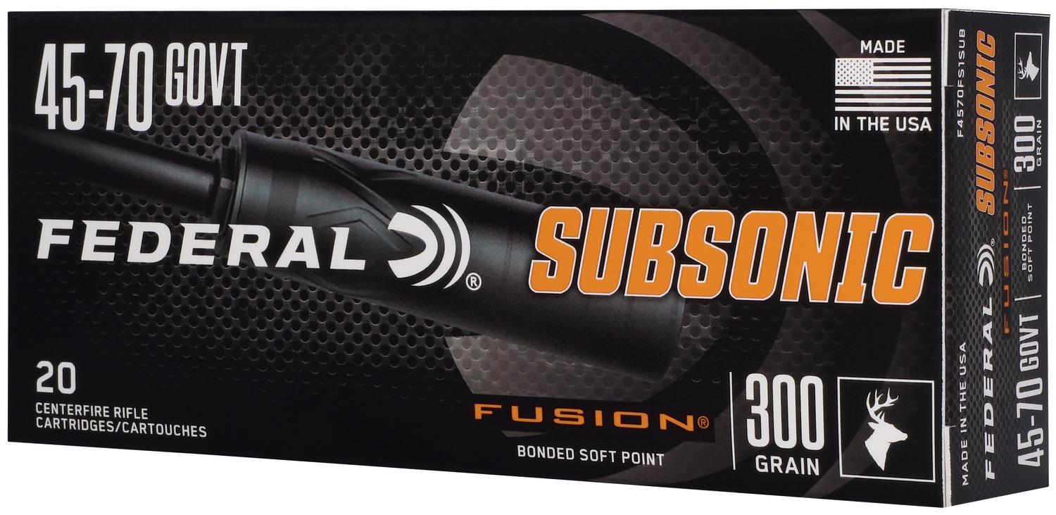 Federal Fusion SubSonic Rifle Ammunition F4570FS1SUB, 45-70 Govt, Fusion Bullet, 300 GR, 1000 fps, 20 Rd/bx