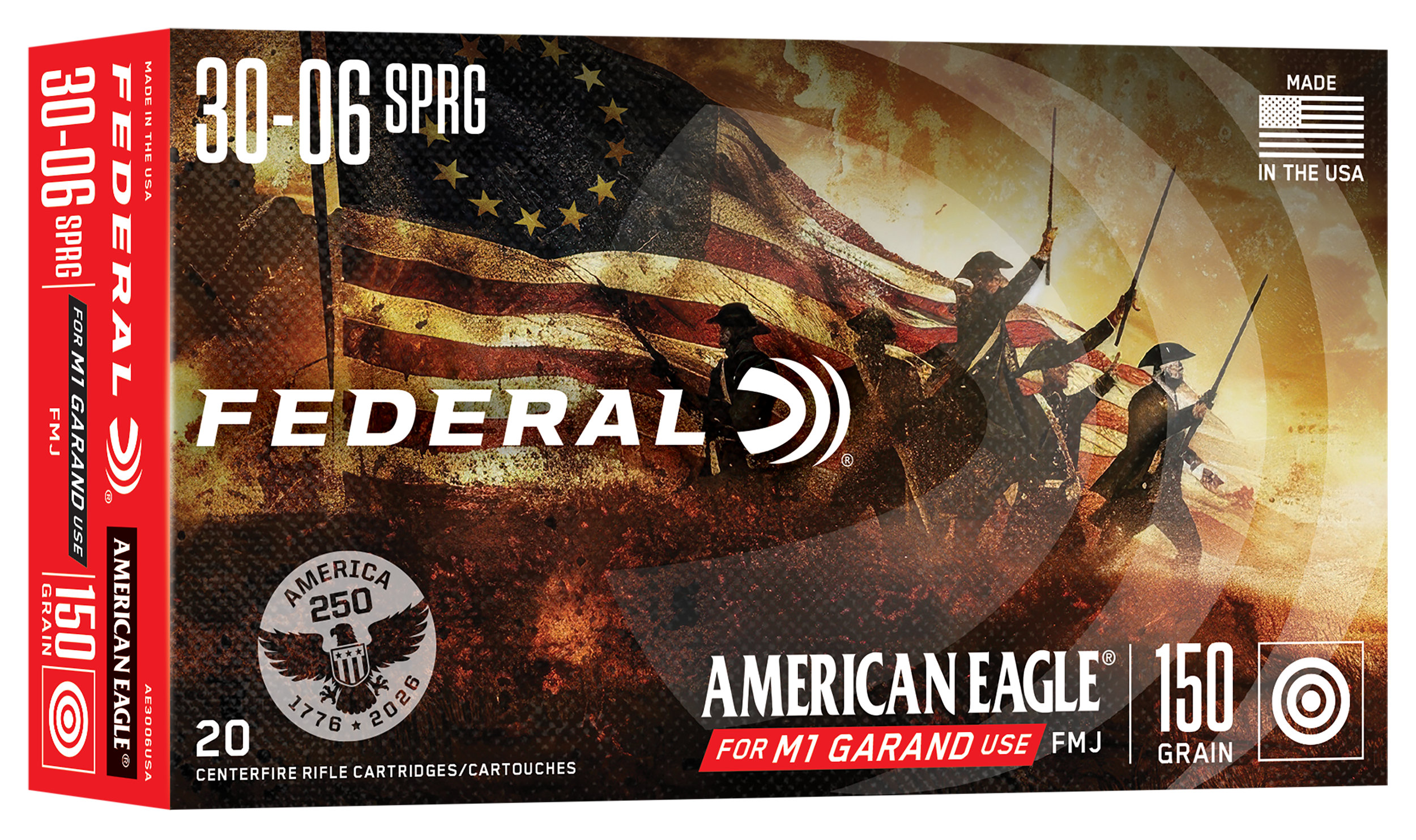 Federal American Eagle Rifle Ammunition AE3006USA, 30-06, Full Metal Jacket (FMJ), 150GR, 20 Rd/bx