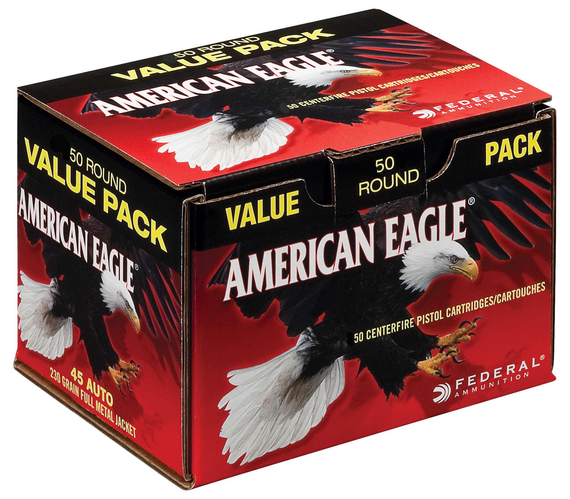 Federal Cartridge American Eagle Handgun Pistol Ammunition AE45A50, 45 ACP, Full Metal Jacket (FMJ), 230GR, 890fps, 50 Rd/bx