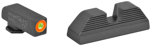 AmeriGlo Sight, Fits Glock 17,19,22,23,24,26,27,33,34,35,37,38,39, Green Tritium Orange Outline Front, Black Serrated Round Notch Rear GL-353 GL353