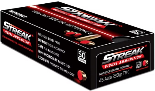 STREAK Ammunition Streak Target, 45 ACP, 230 Grain, Total Metal Coating Non-Incendiary Red Tracer Bullet, 50 Round Box 45230TMC-RED 45230TMCSTRKRED50