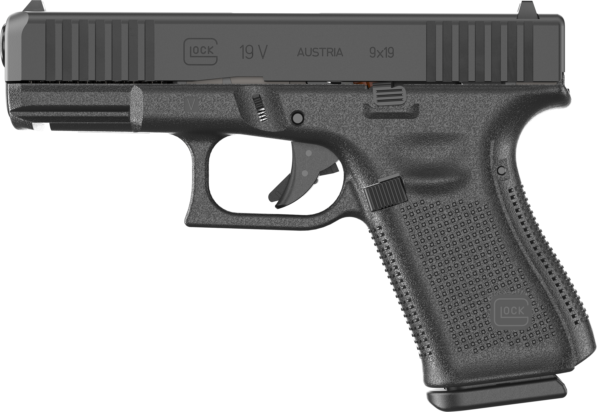 Glock 19V Pistol PV1950203, 9mm, 4.02 in, Black Polymer Grip, nDLC Finish, Fixed Sights, GMB Barrel, 15 Rds